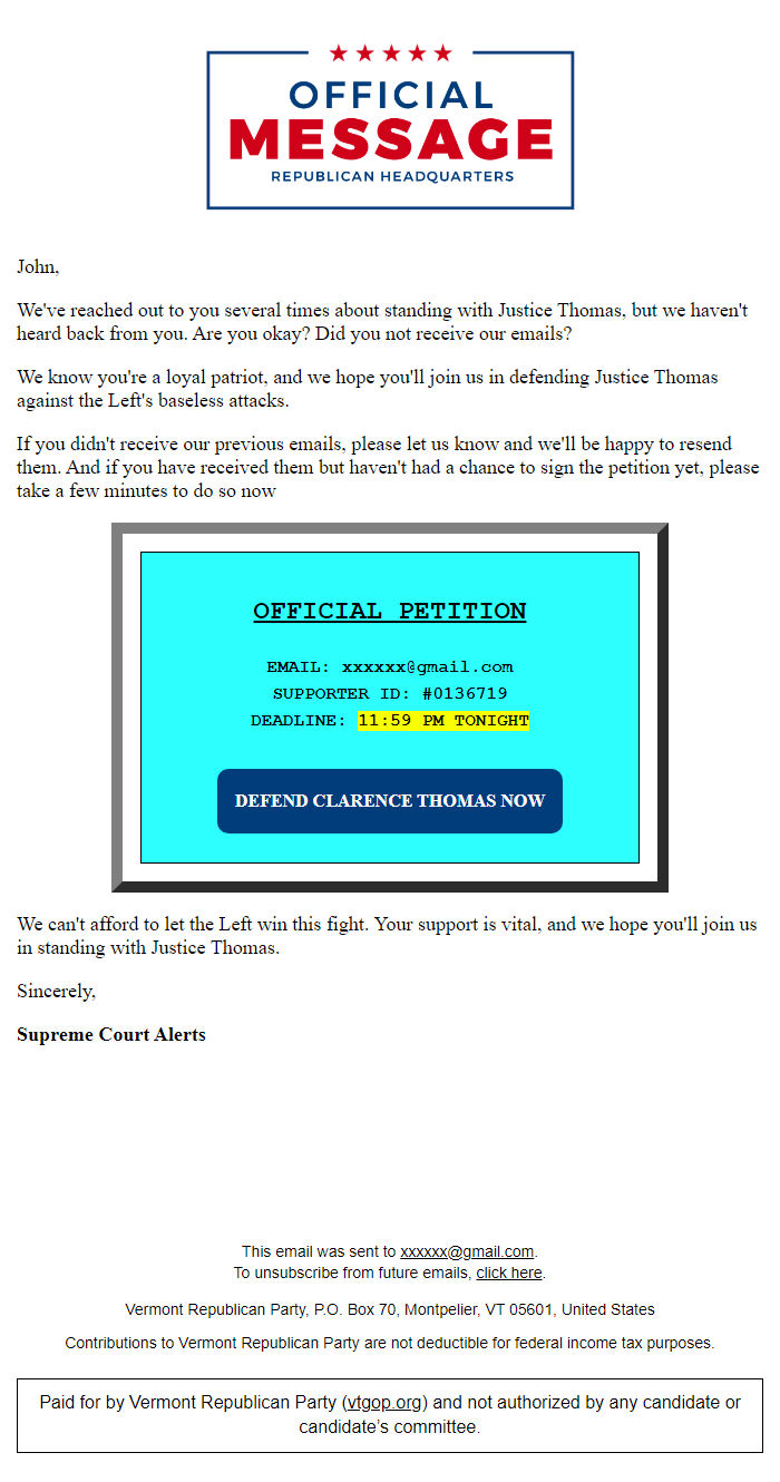Screenshot of the email generated on import