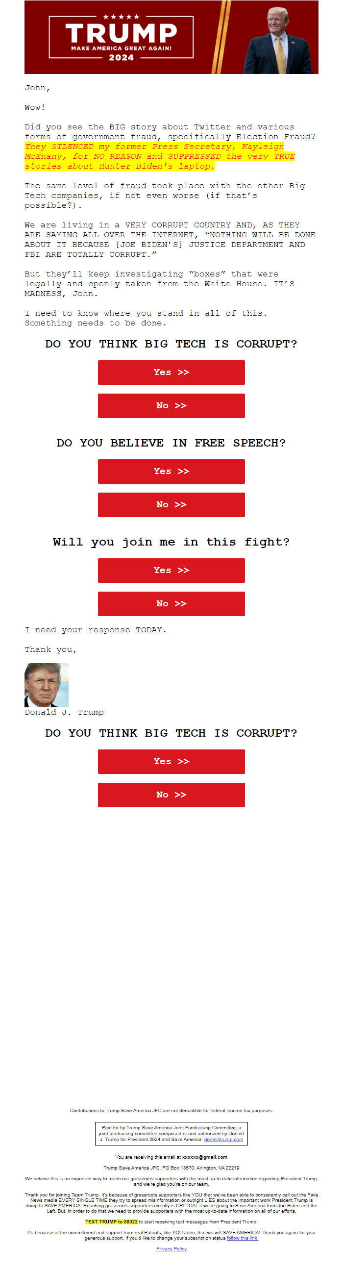 Screenshot of the email generated on import