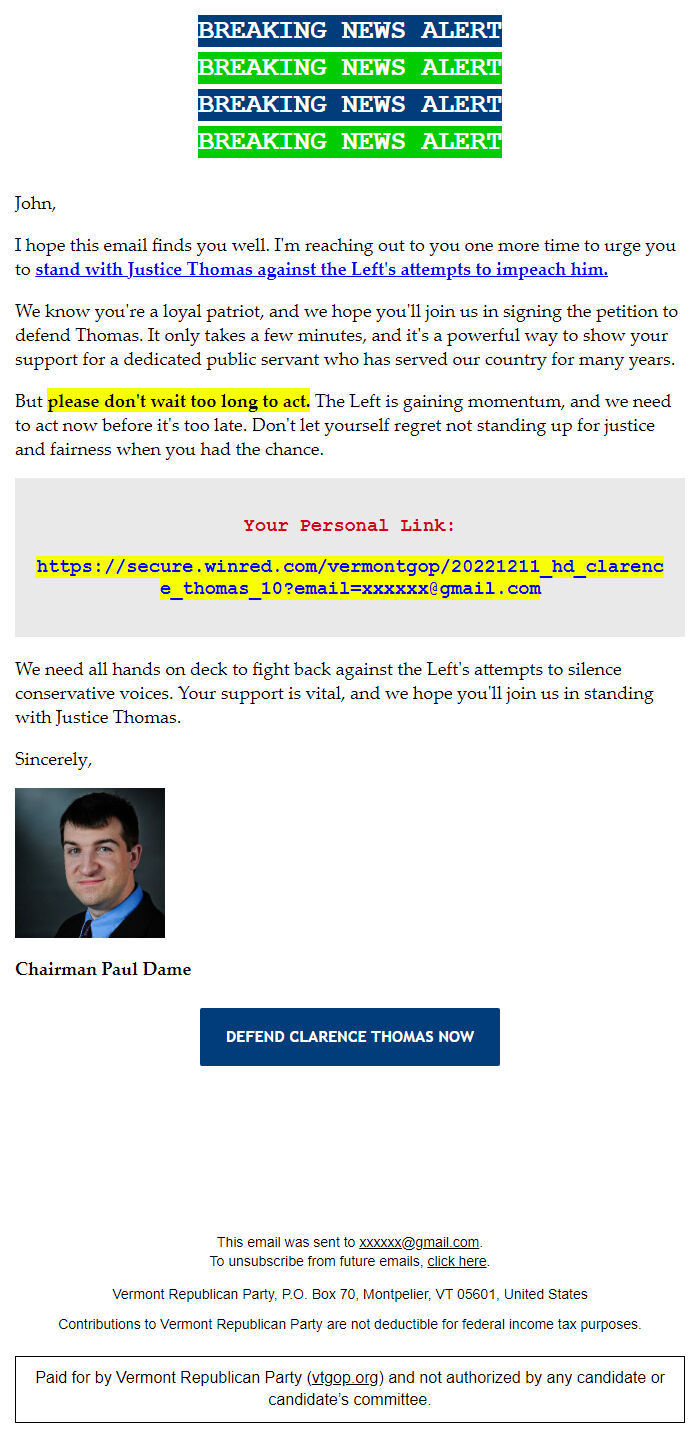 Screenshot of the email generated on import
