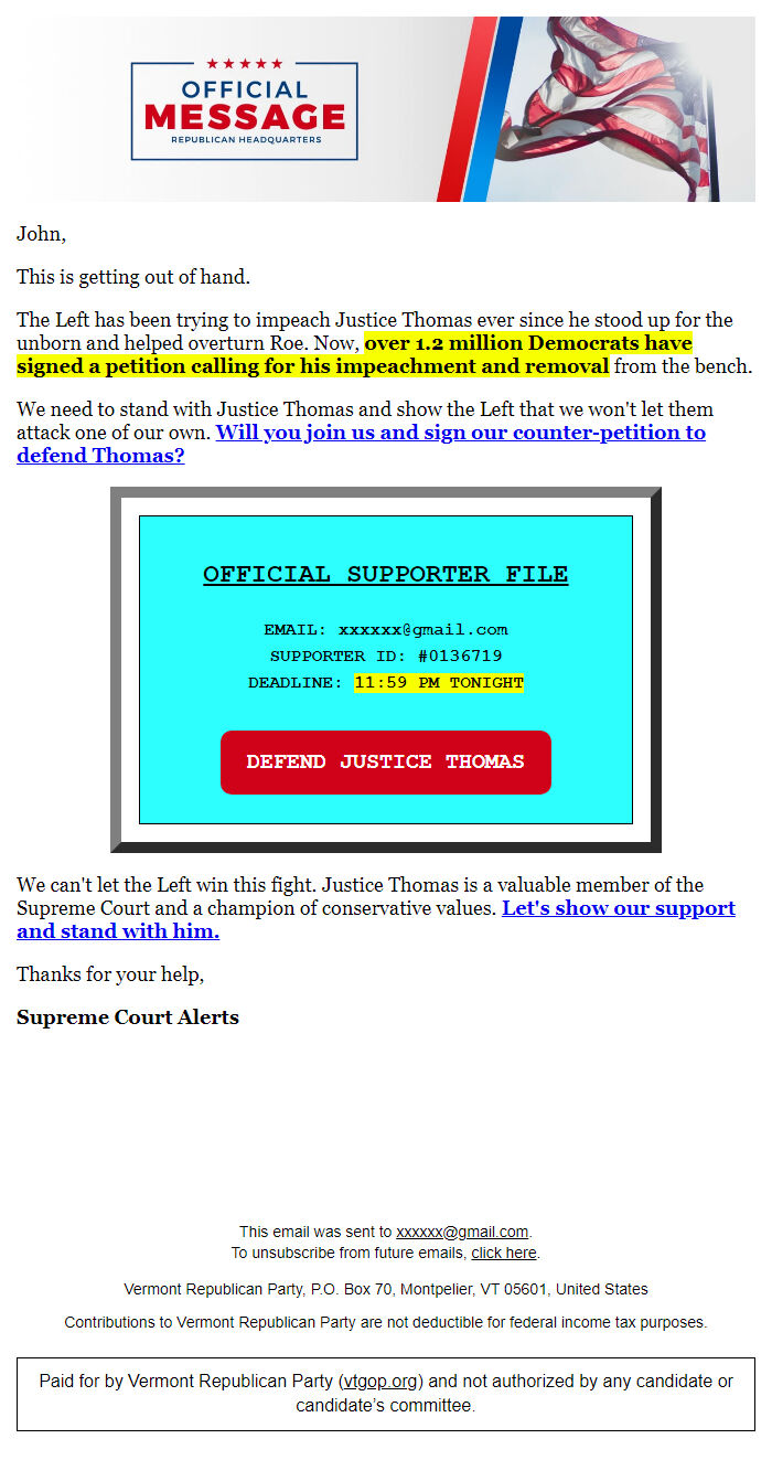 Screenshot of the email generated on import