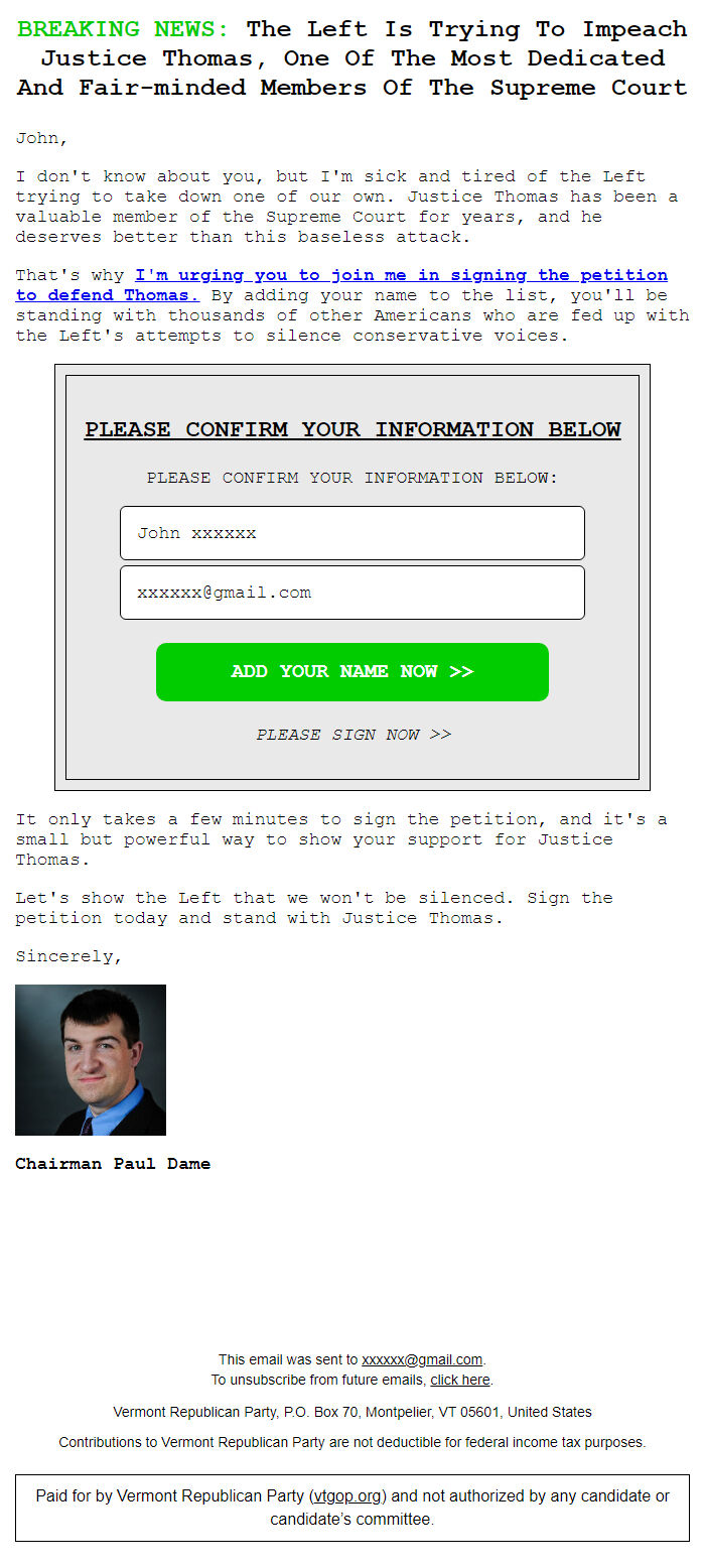 Screenshot of the email generated on import