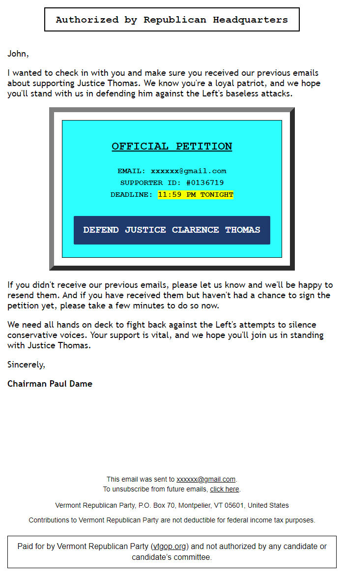 Screenshot of the email generated on import