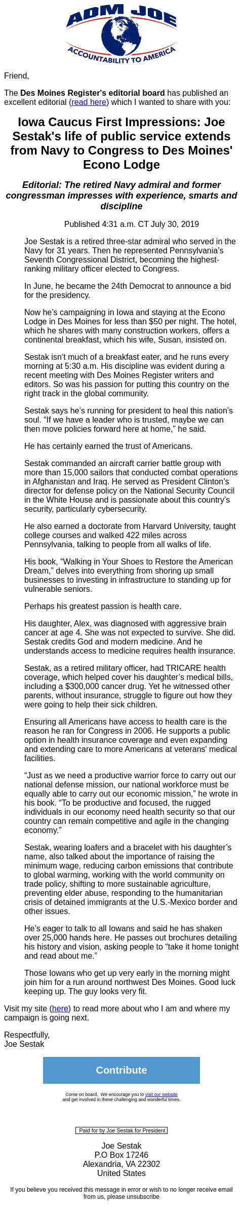 Screenshot of the email generated on import