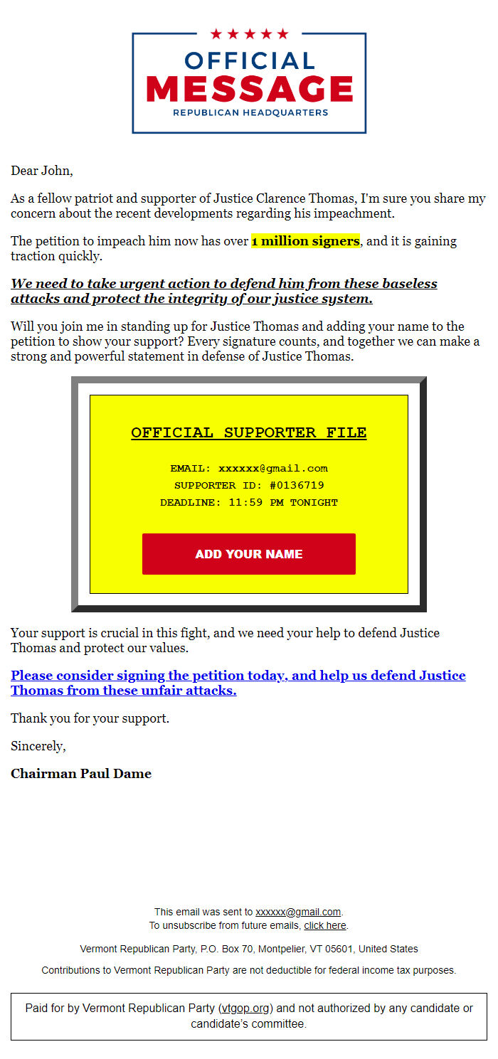 Screenshot of the email generated on import