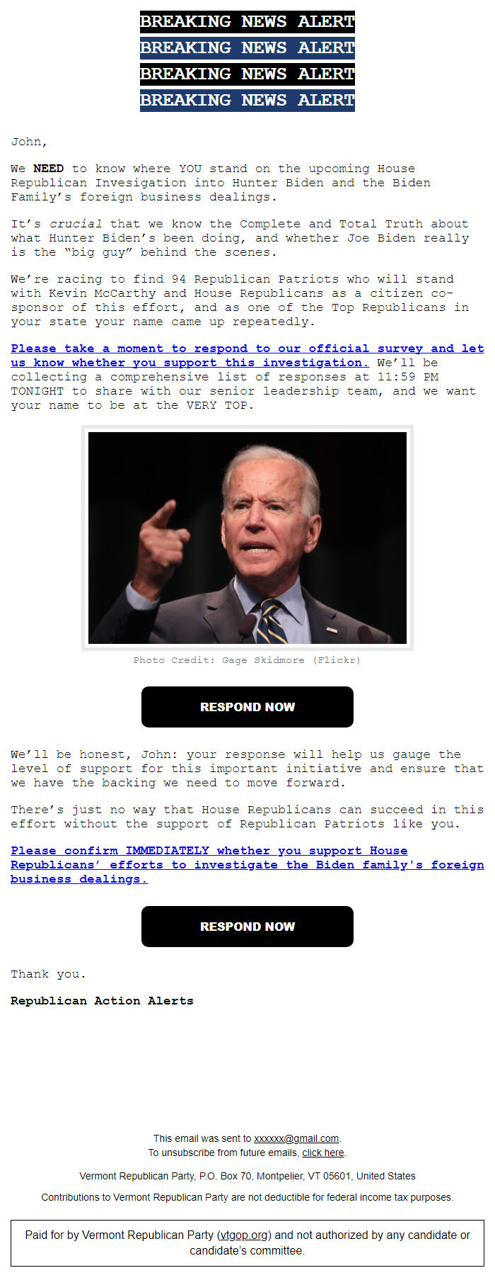 Screenshot of the email generated on import