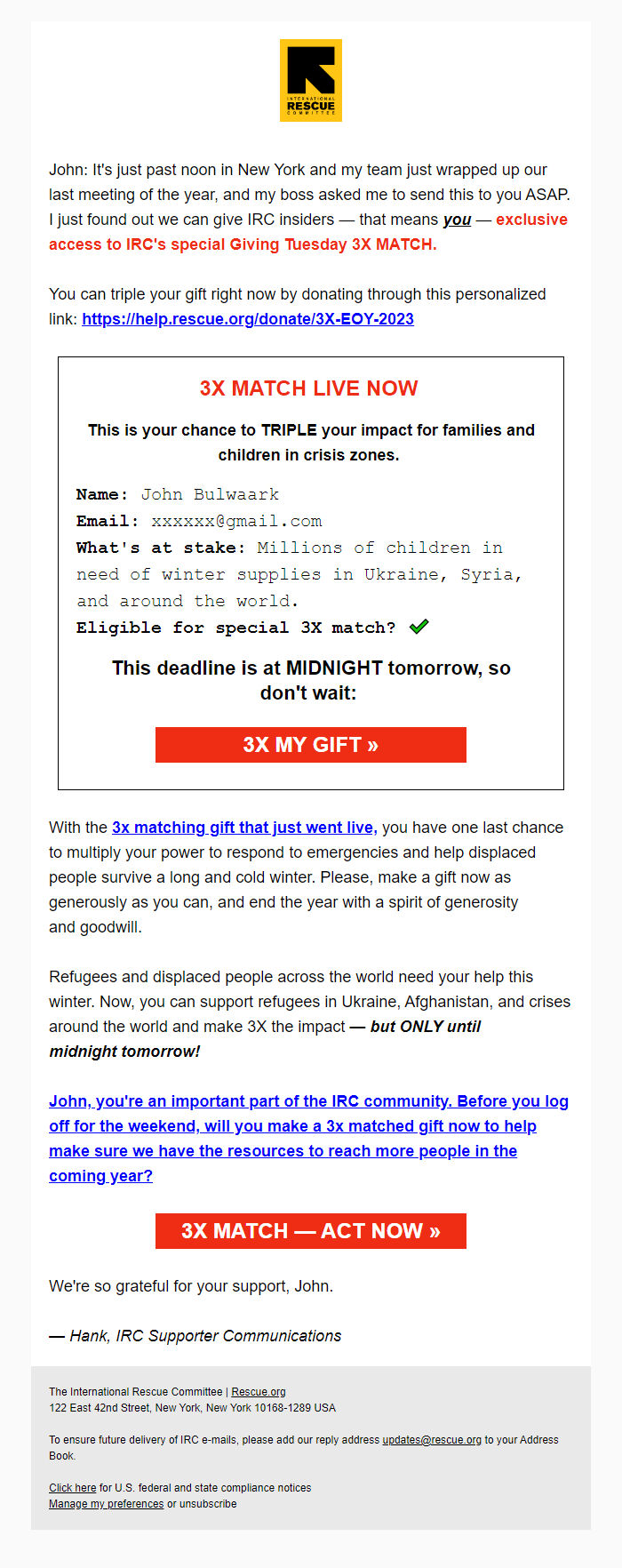 Screenshot of the email generated on import