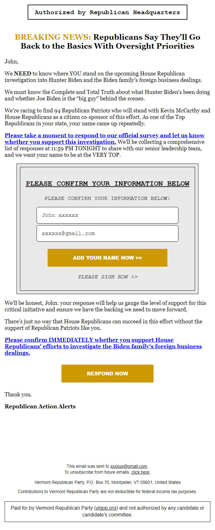 Screenshot of the email generated on import