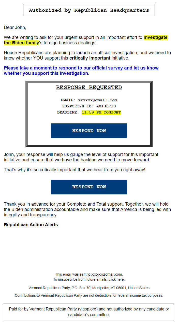 Screenshot of the email generated on import