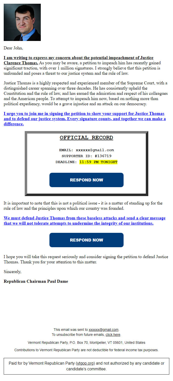 Screenshot of the email generated on import