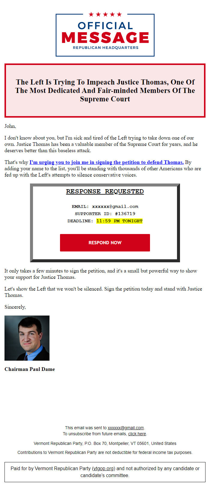 Screenshot of the email generated on import
