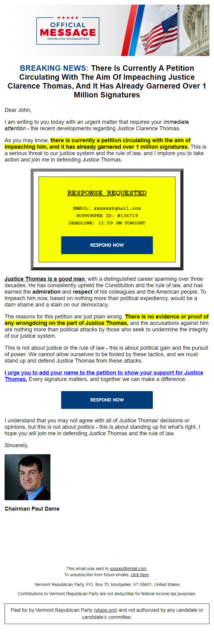 Screenshot of the email generated on import