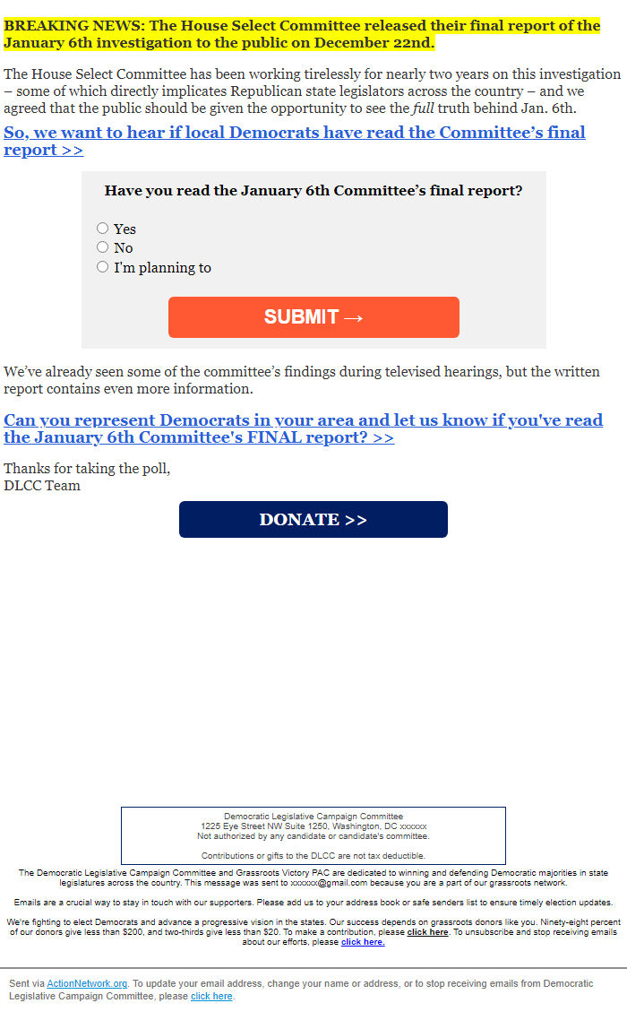 Screenshot of the email generated on import