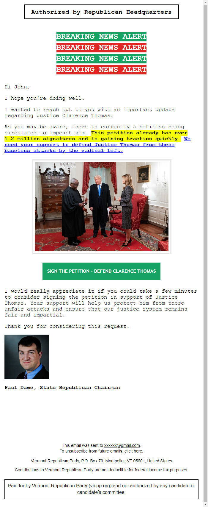 Screenshot of the email generated on import