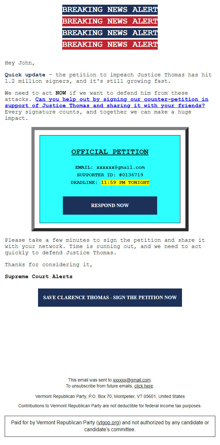 Screenshot of the email generated on import