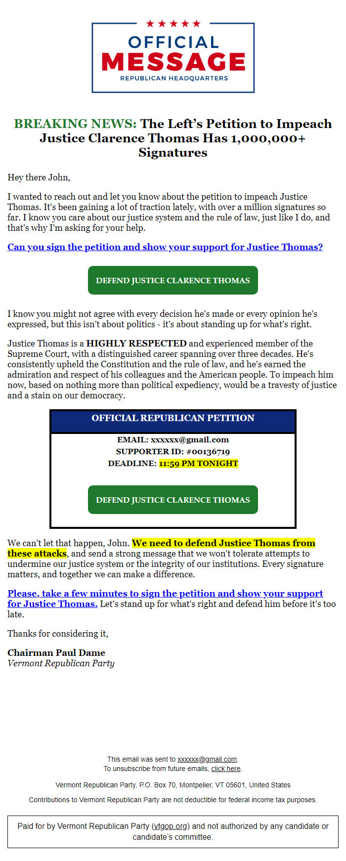 Screenshot of the email generated on import