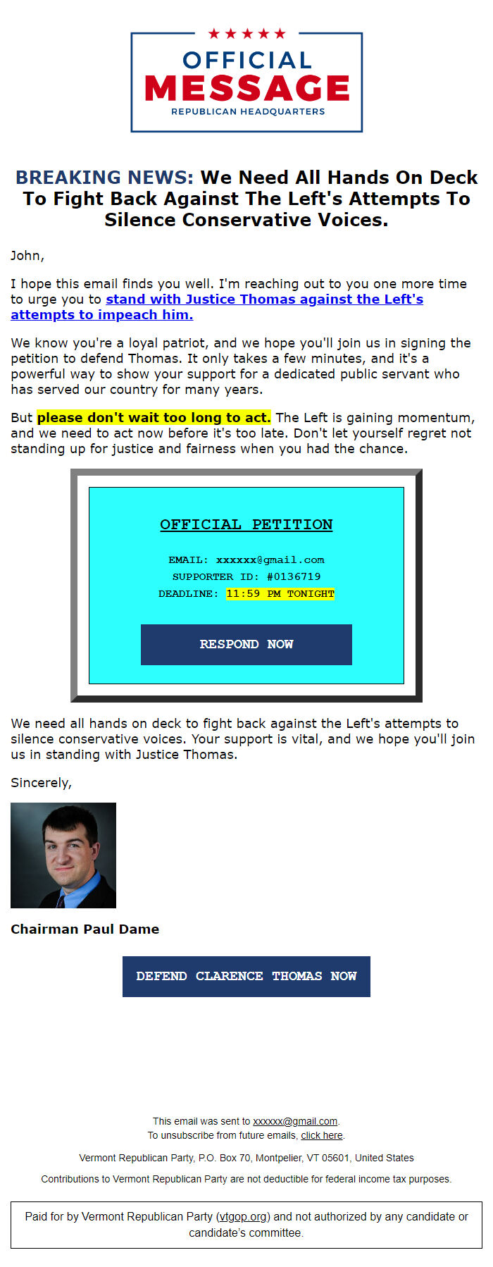 Screenshot of the email generated on import