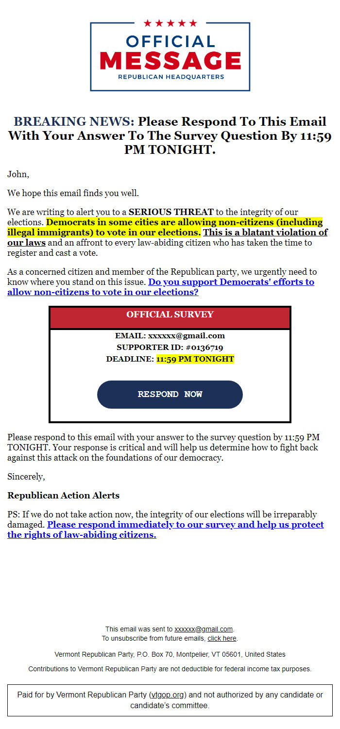 Screenshot of the email generated on import