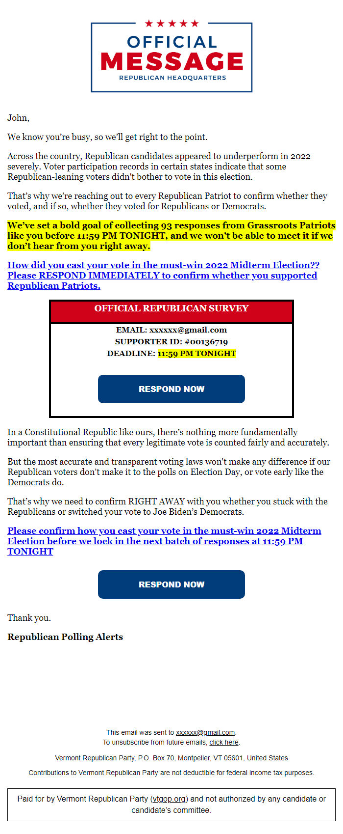 Screenshot of the email generated on import
