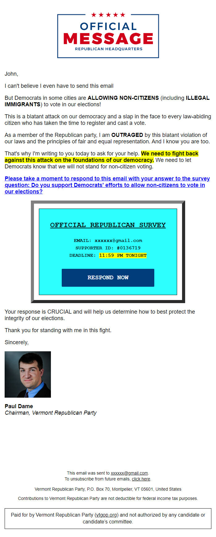 Screenshot of the email generated on import