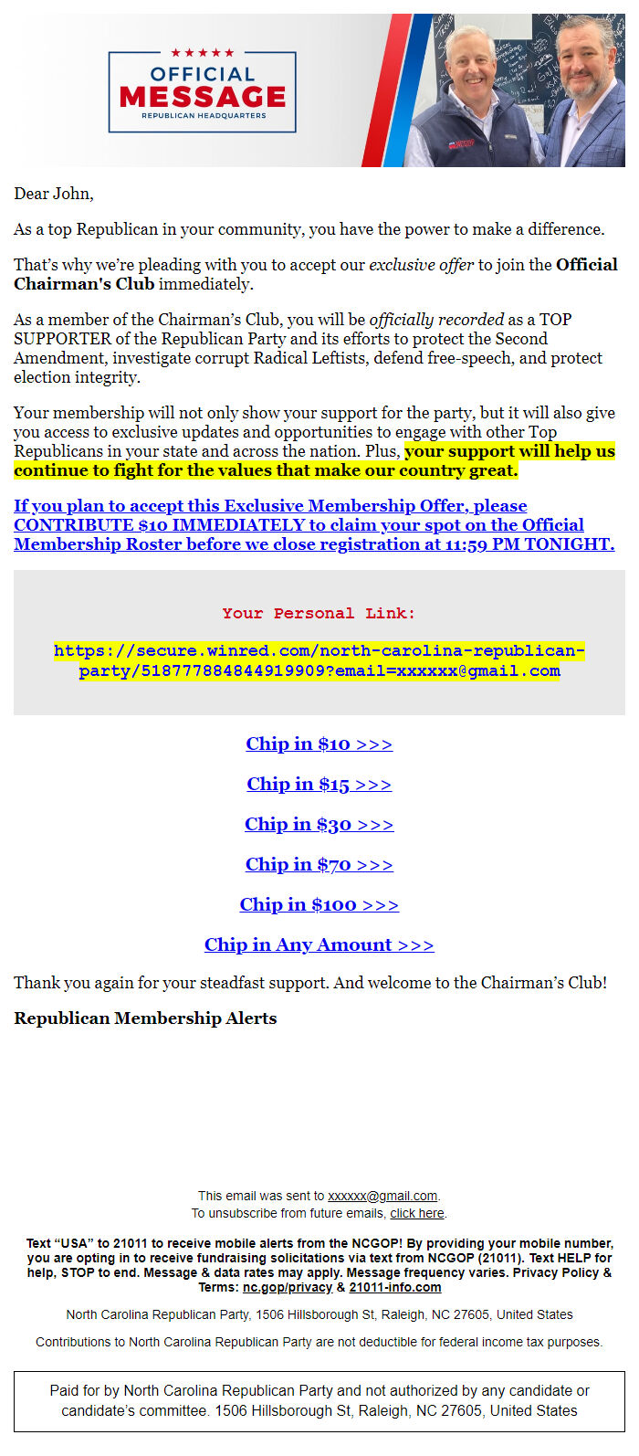 Screenshot of the email generated on import