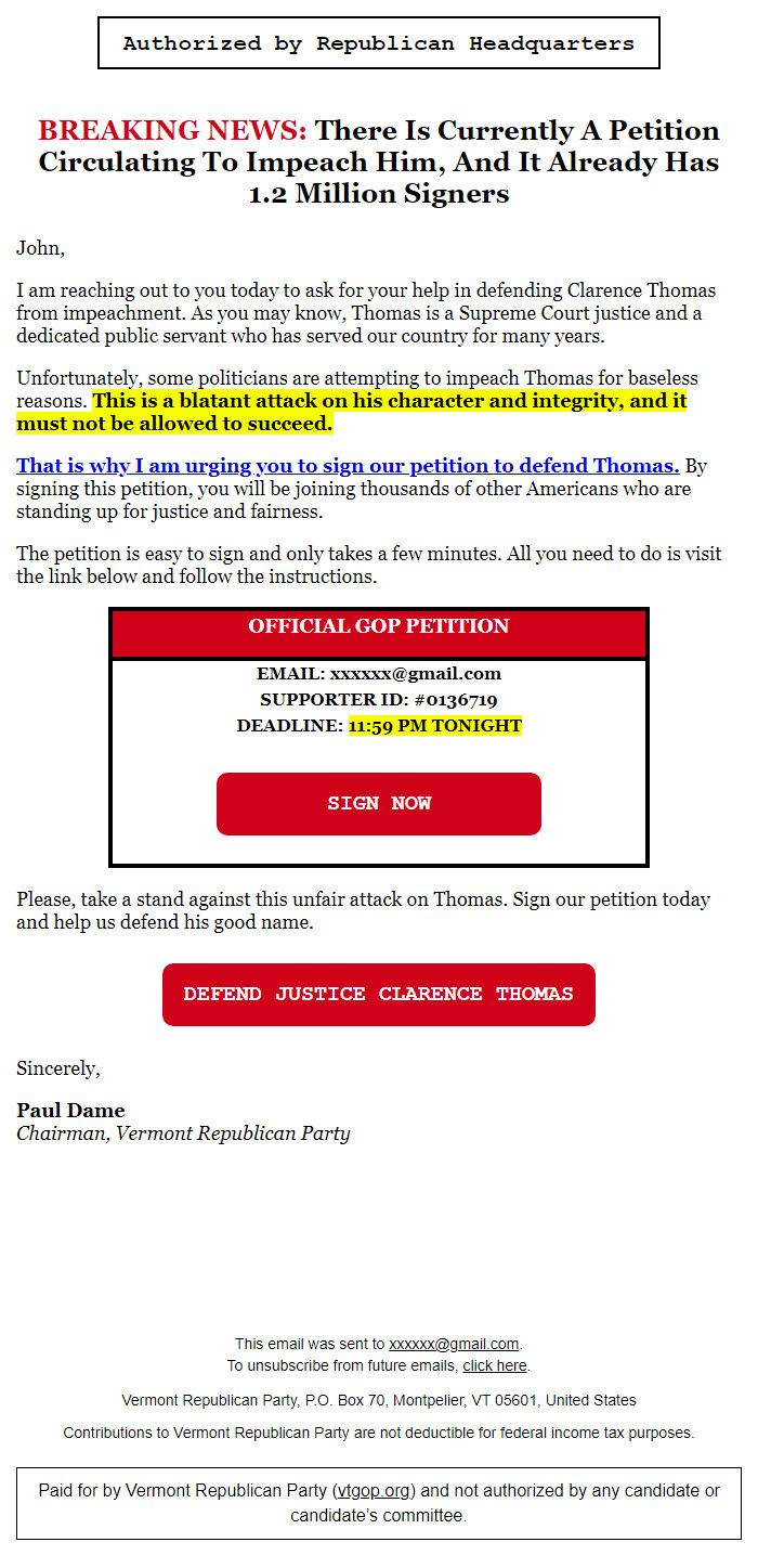 Screenshot of the email generated on import