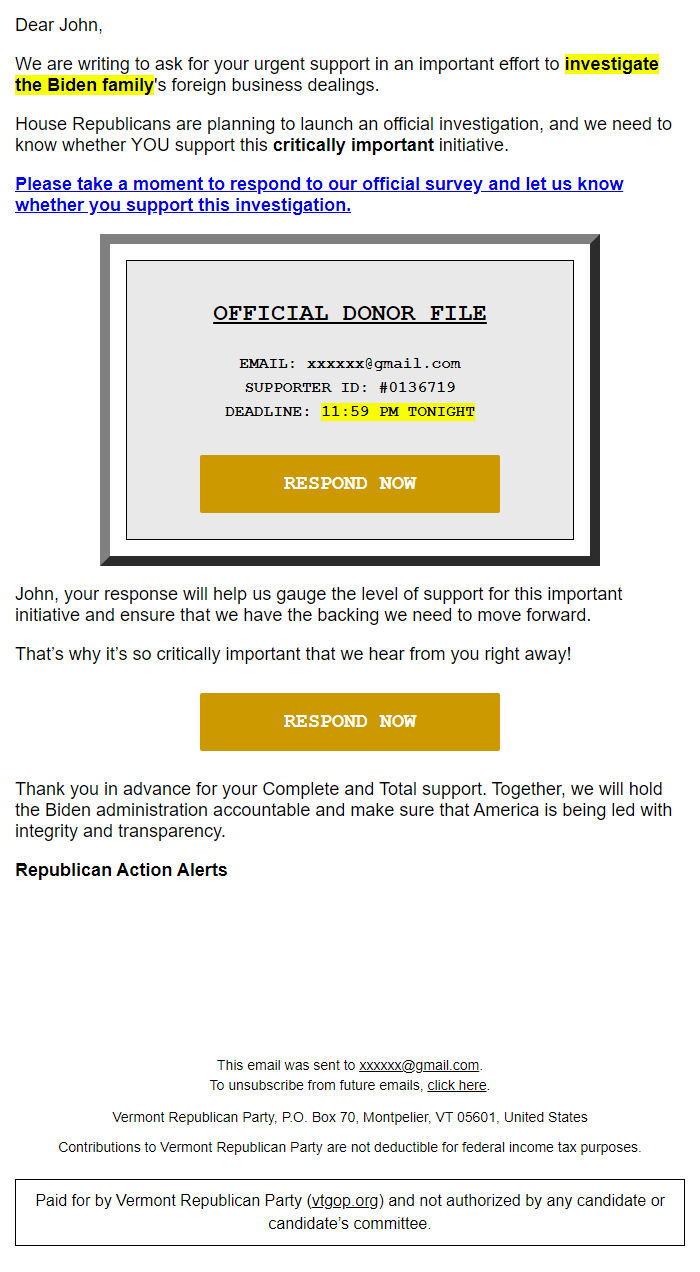 Screenshot of the email generated on import