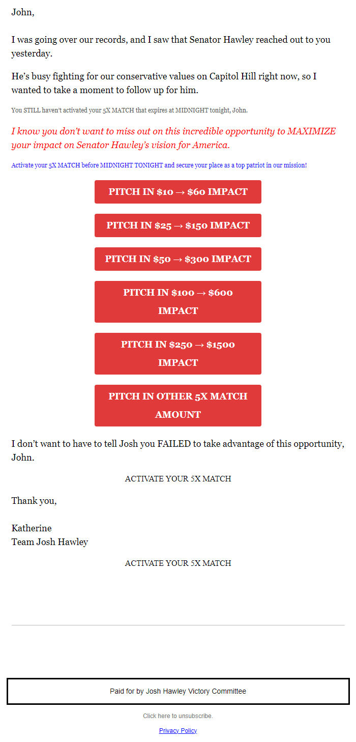 Screenshot of the email generated on import