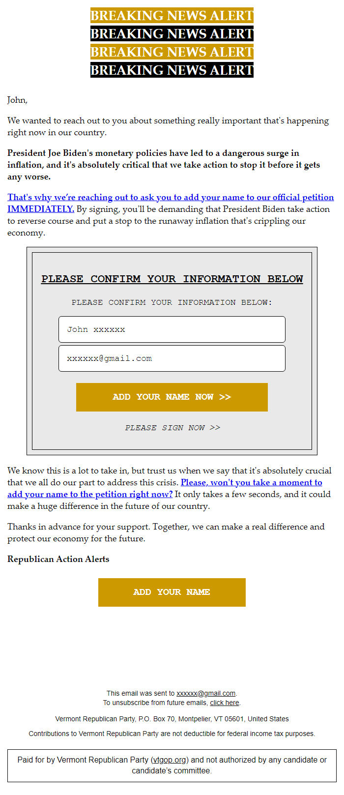 Screenshot of the email generated on import