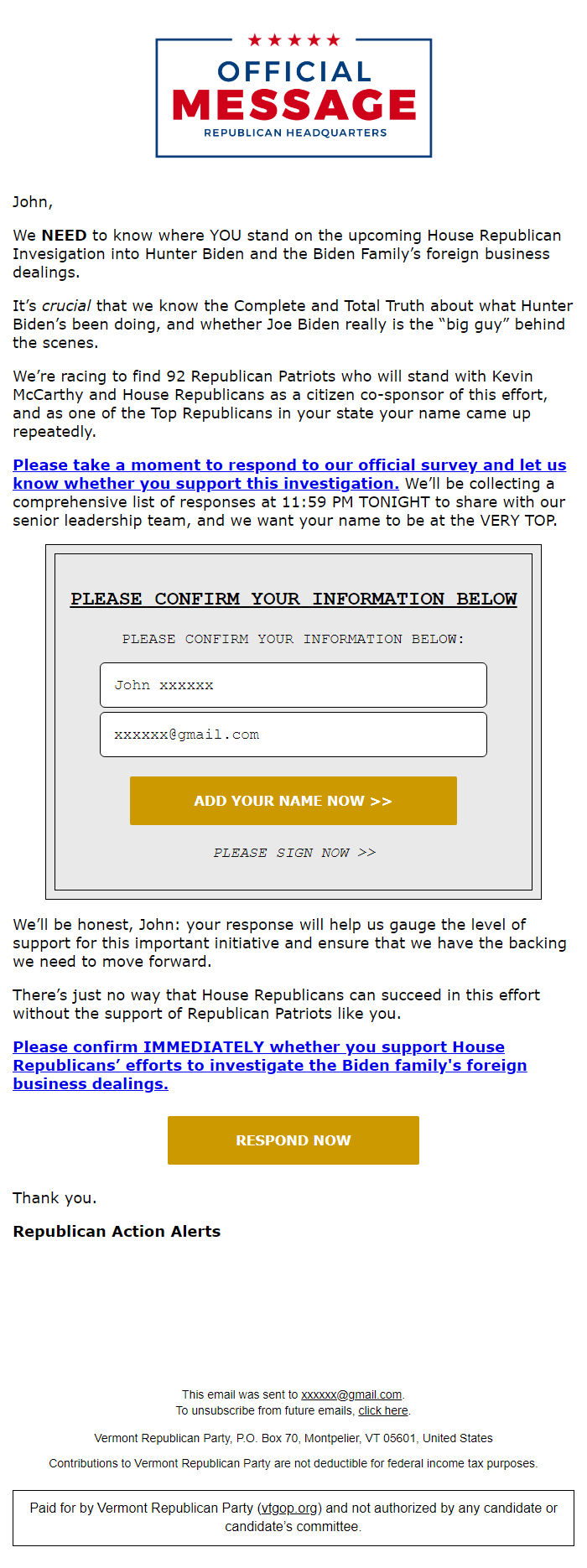 Screenshot of the email generated on import