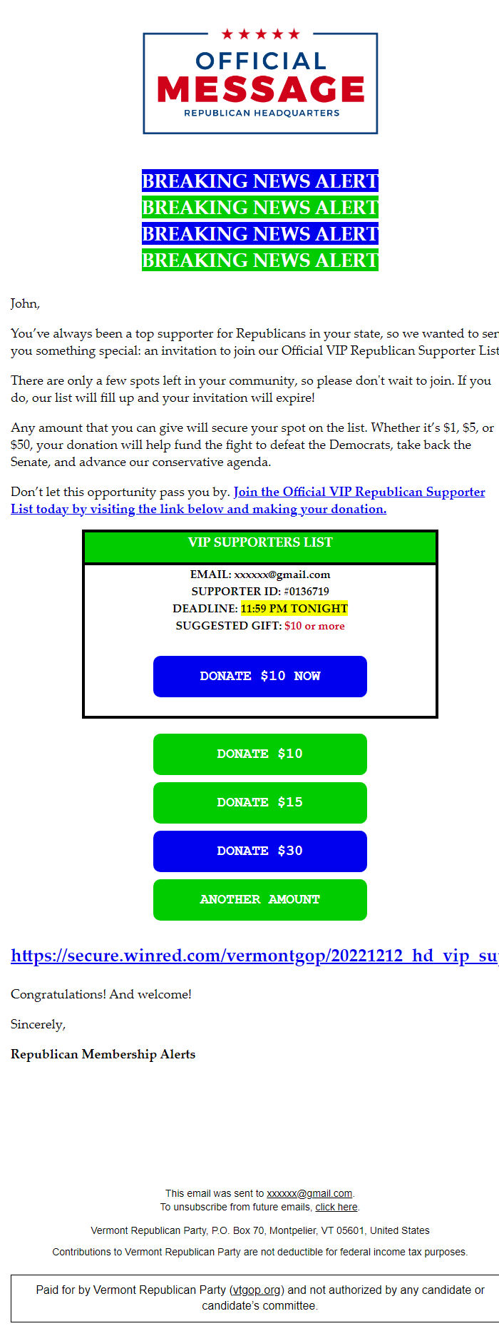 Screenshot of the email generated on import