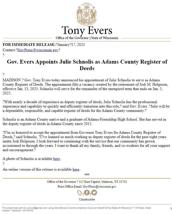 Screenshot of the email generated on import