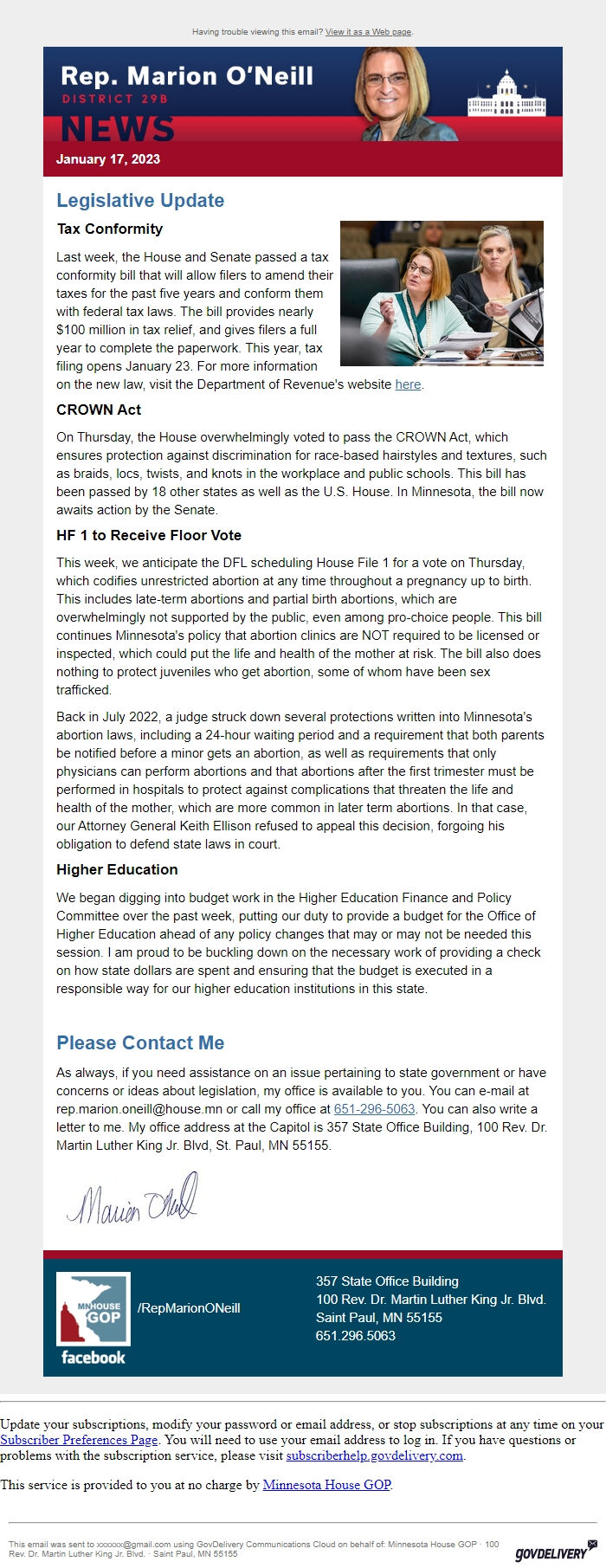 Screenshot of the email generated on import