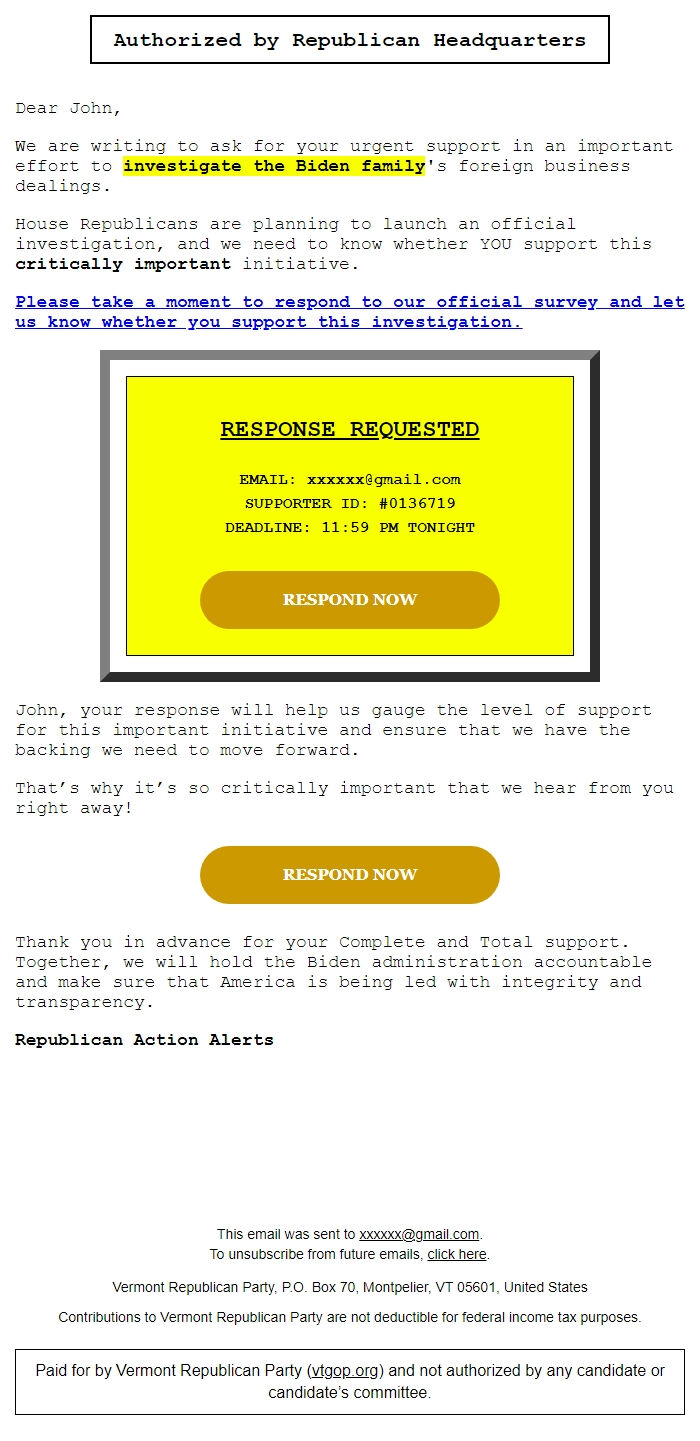 Screenshot of the email generated on import