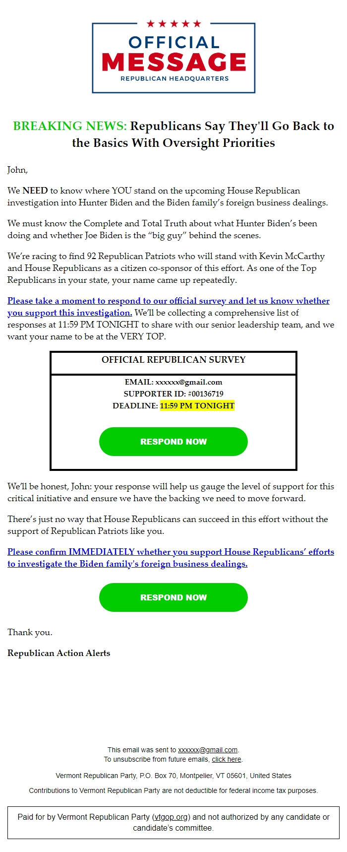 Screenshot of the email generated on import