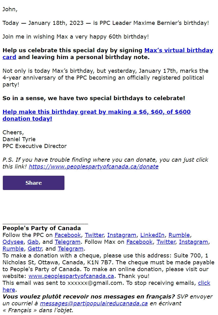 Screenshot of the email generated on import