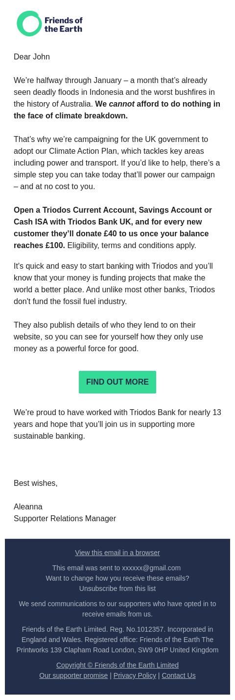 Screenshot of the email generated on import