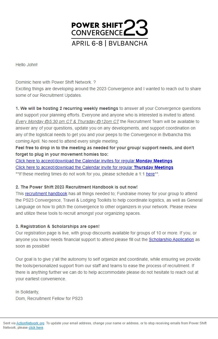 Screenshot of the email generated on import