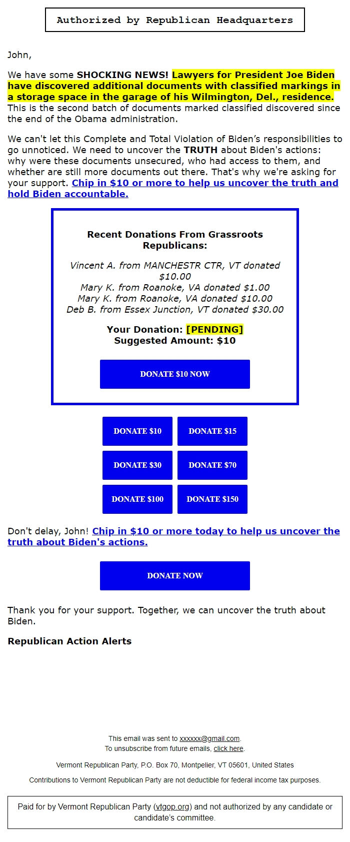 Screenshot of the email generated on import