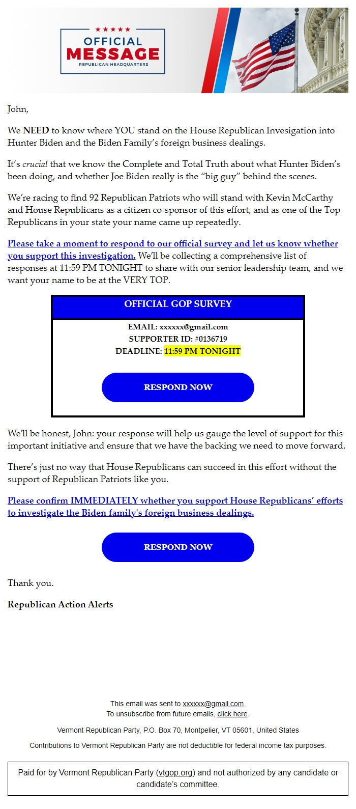 Screenshot of the email generated on import