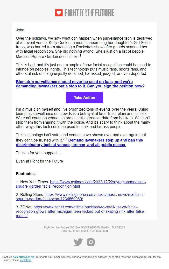 Screenshot of the email generated on import