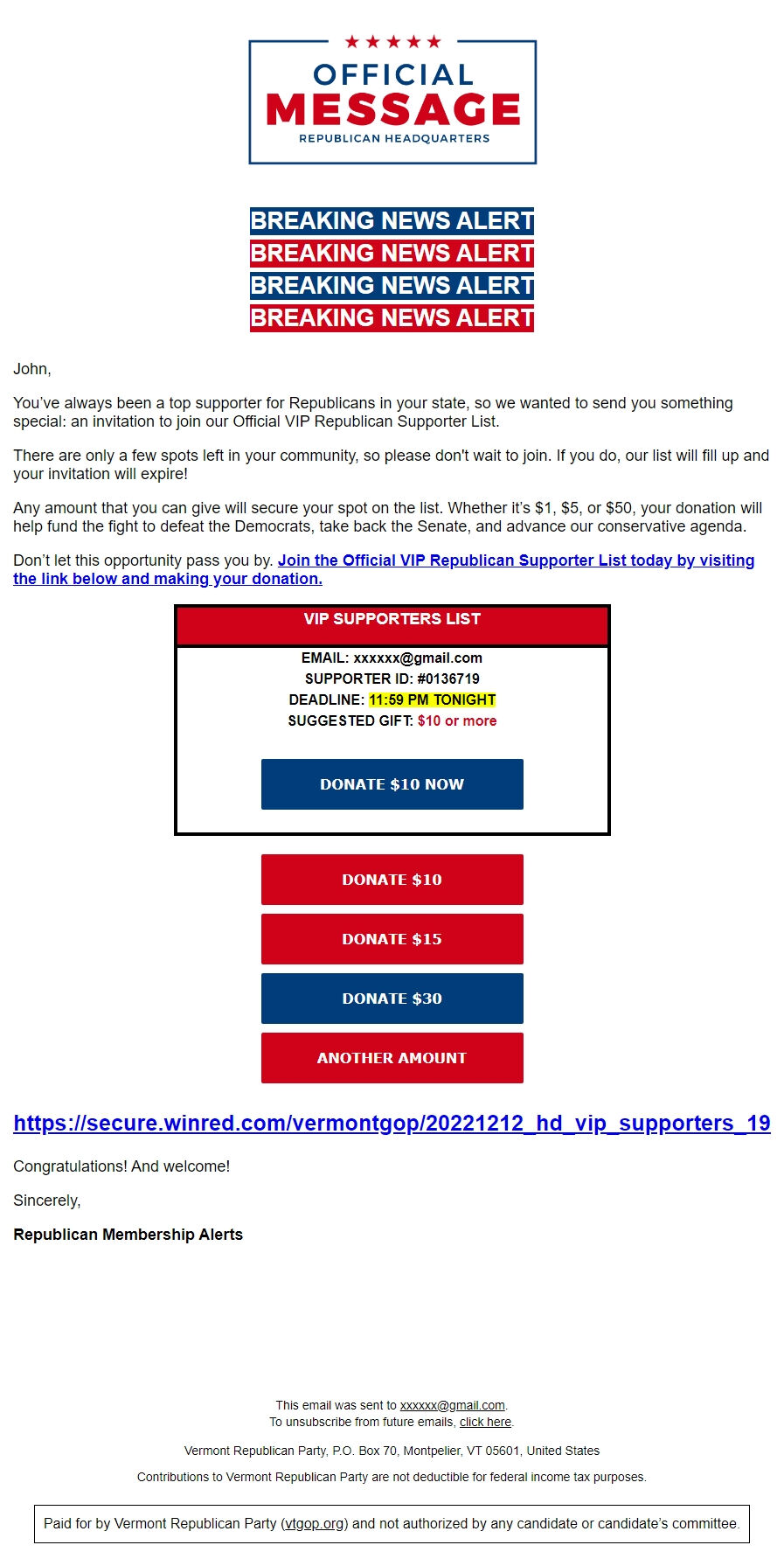 Screenshot of the email generated on import