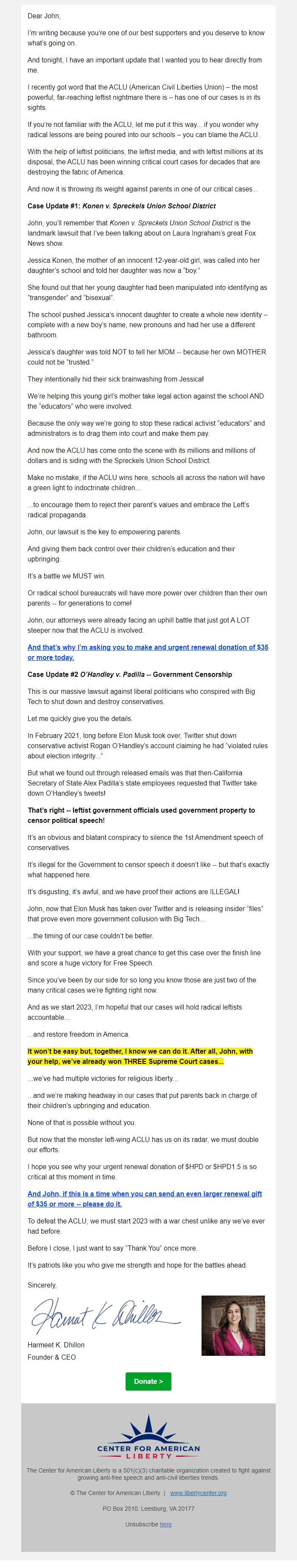 Screenshot of the email generated on import