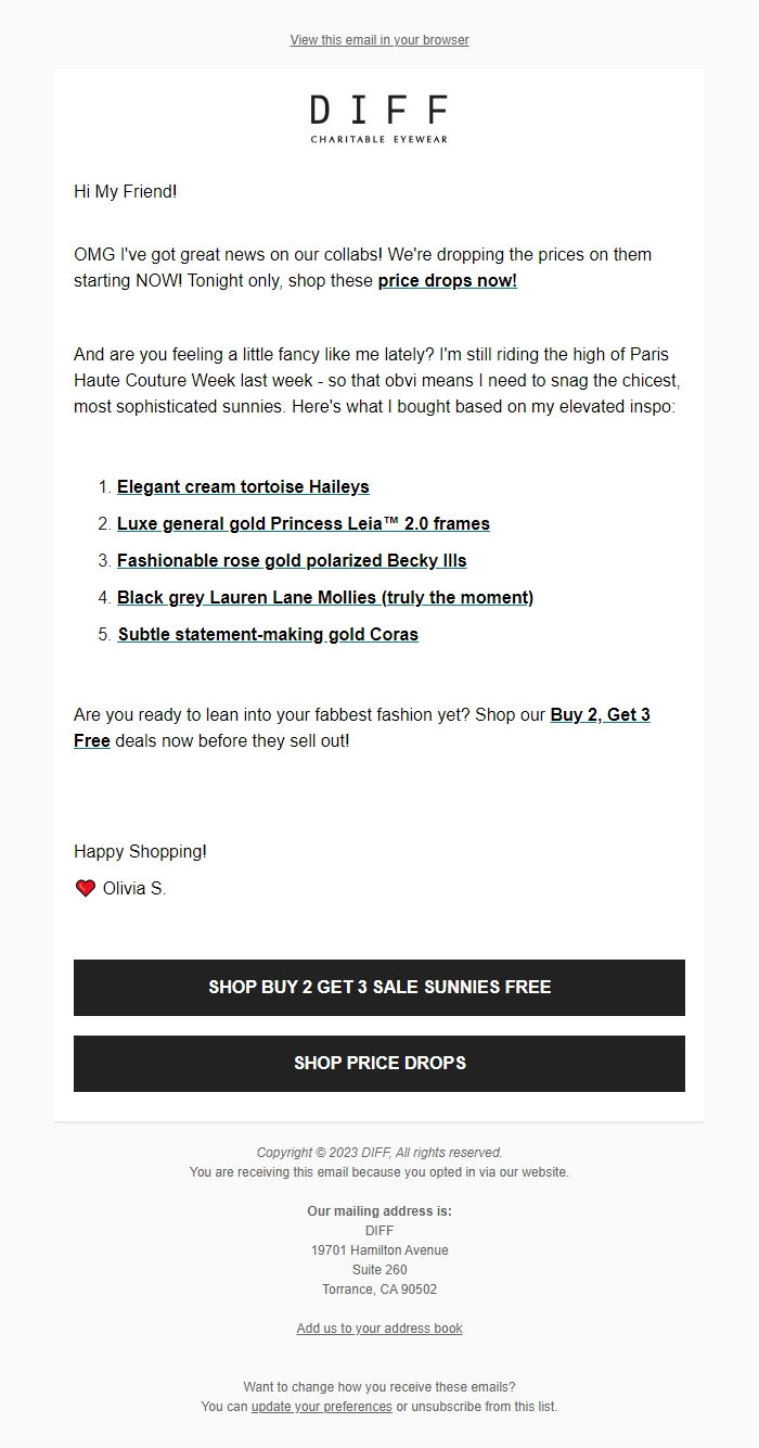 Screenshot of the email generated on import