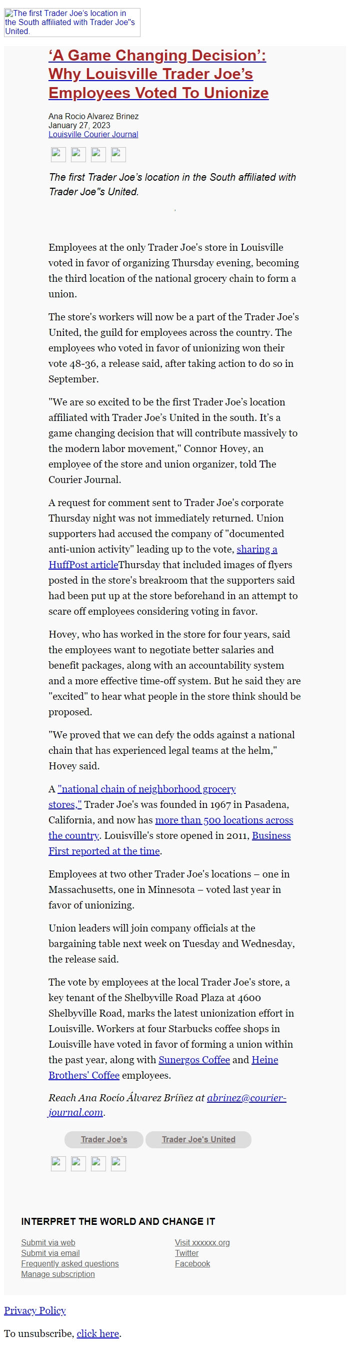 Screenshot of the email generated on import