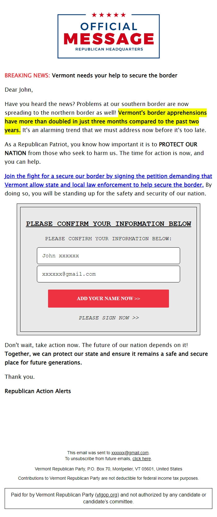 Screenshot of the email generated on import