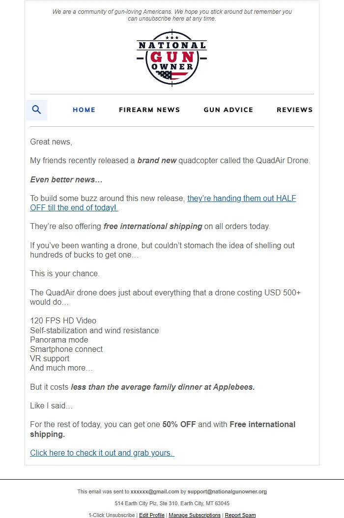 Screenshot of the email generated on import