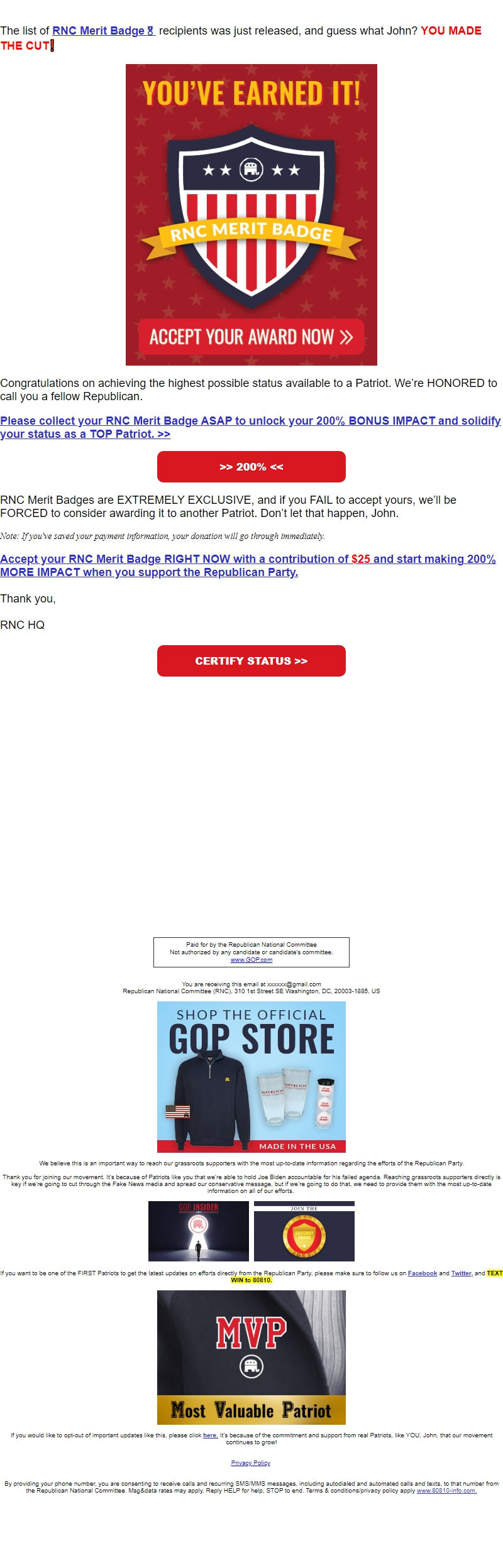 Screenshot of the email generated on import