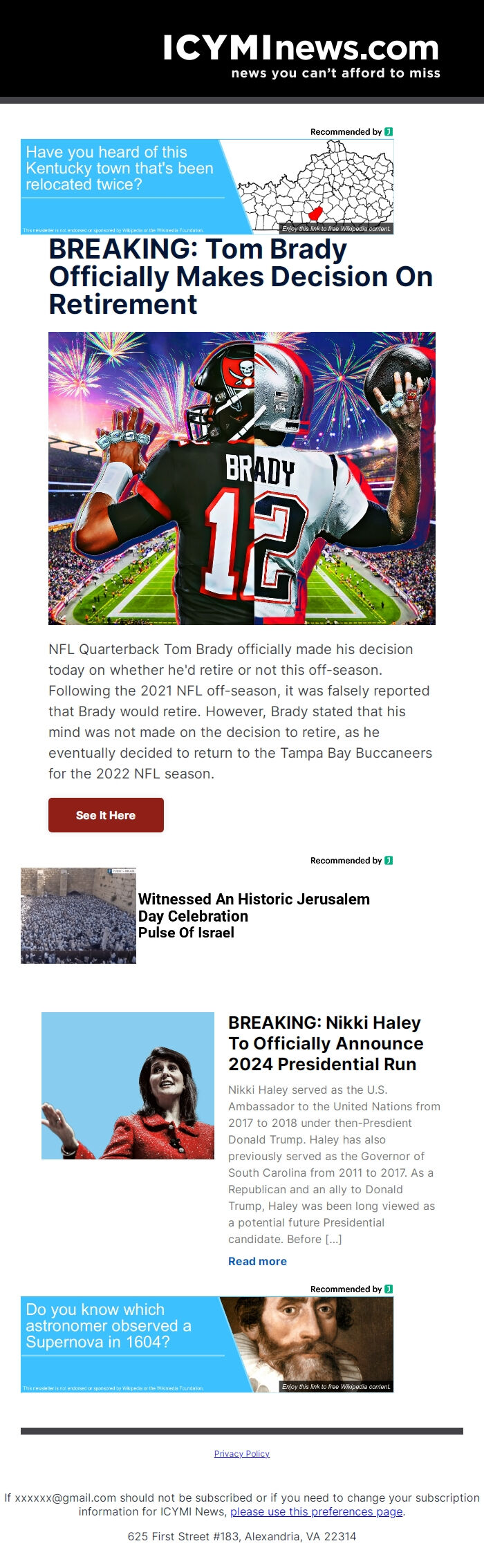 Screenshot of the email generated on import