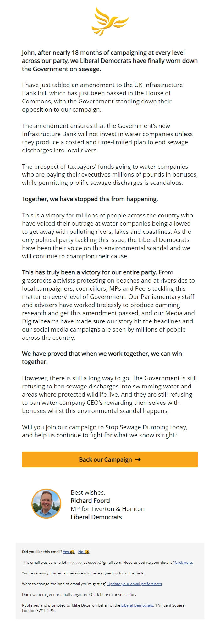 Screenshot of the email generated on import