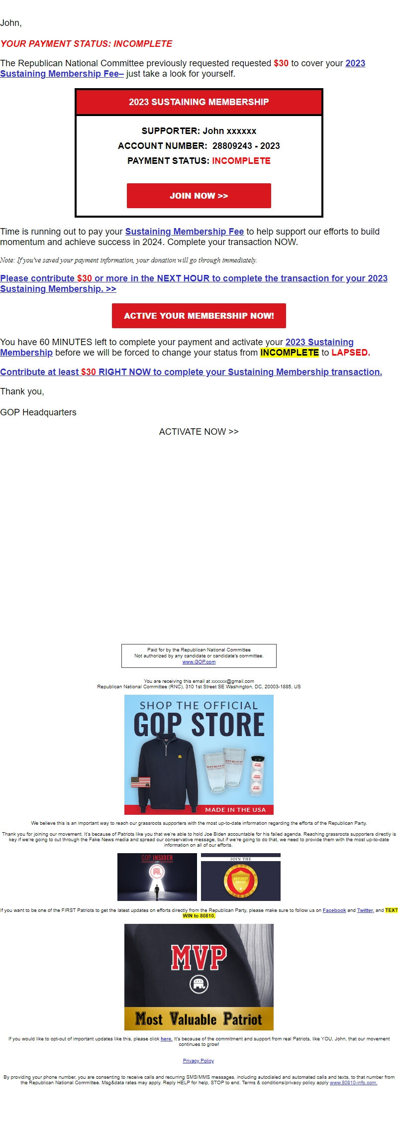 Screenshot of the email generated on import